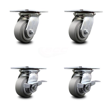 Service Caster 4 Inch Thermoplastic Rubber Swivel Caster Set with Roller Bearings 2 Brakes SCC SCC-35S420-TPRRF-2-SLB-2